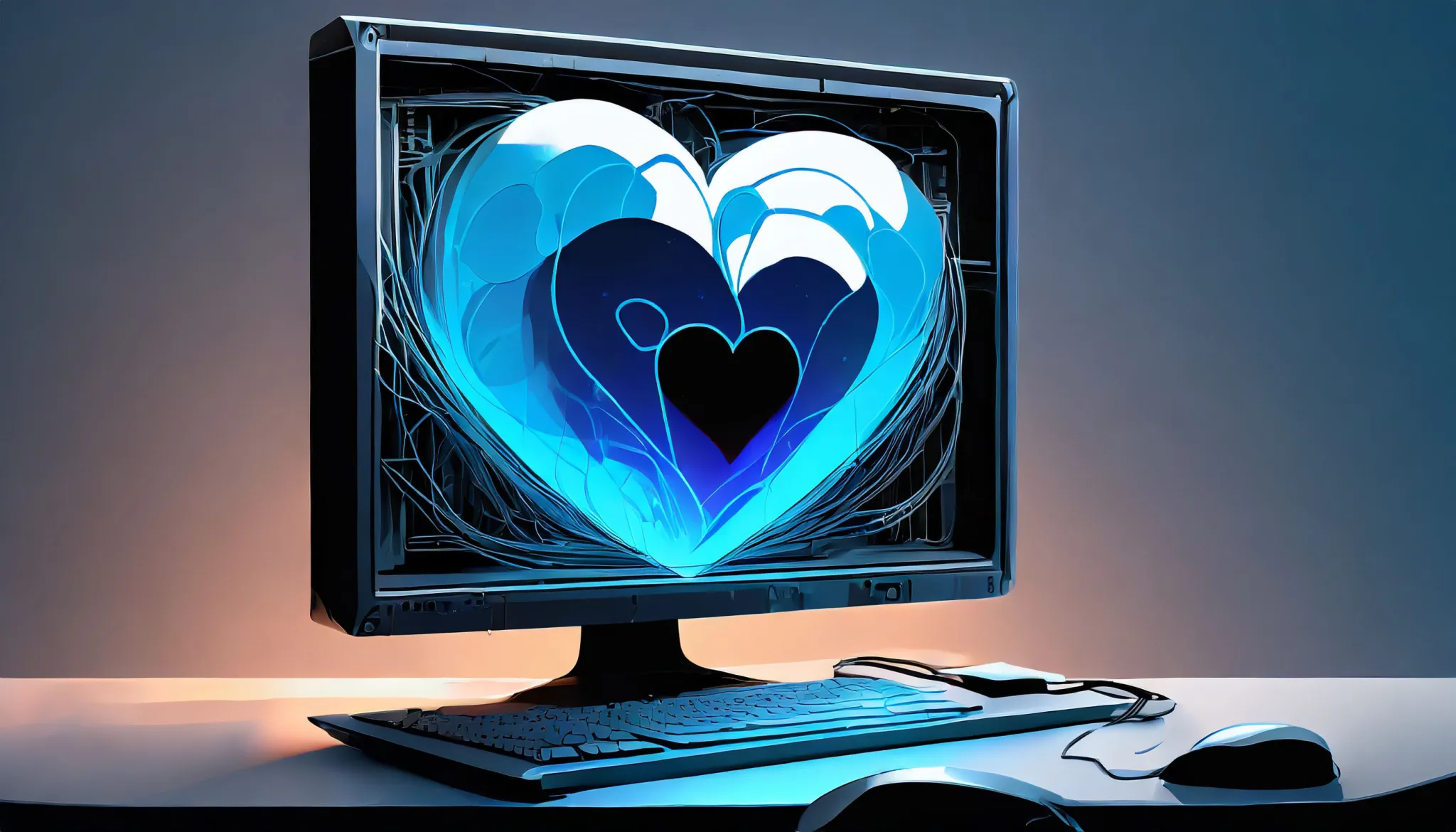 An illustrated image of a desktop computer. The monitor is displaying an image of a blue heart shape.