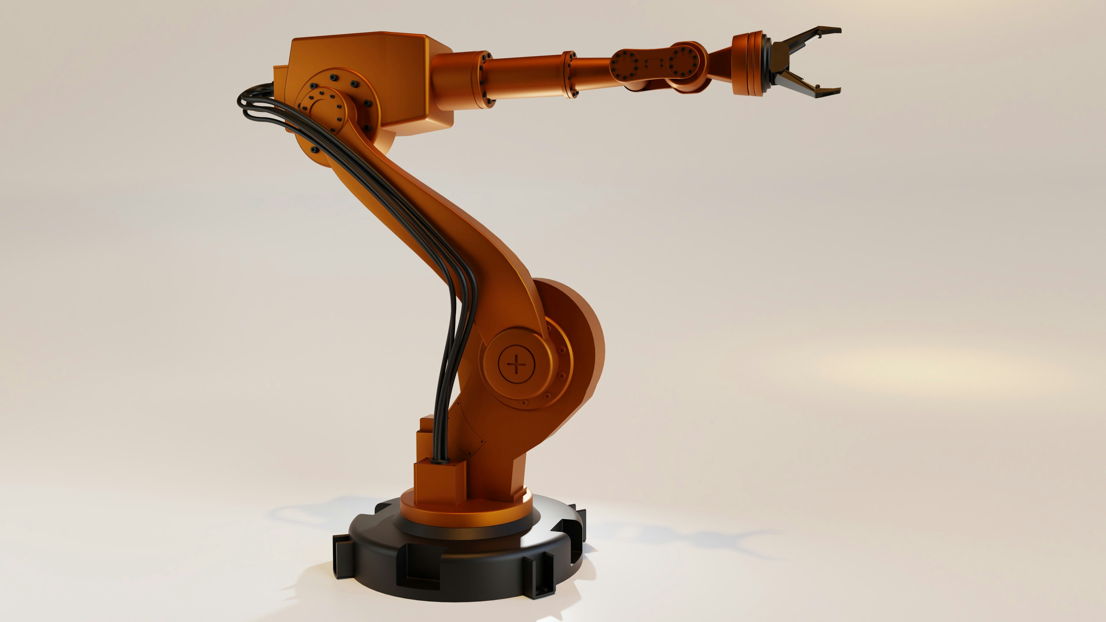 An orange robotic arm on a black pedestal, in front of a white background
